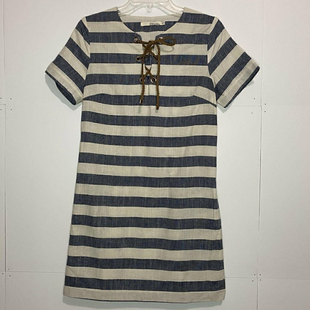 ELLISON Womens Small Striped Linen Cotton Dress Leather Tie Neckline Pockets